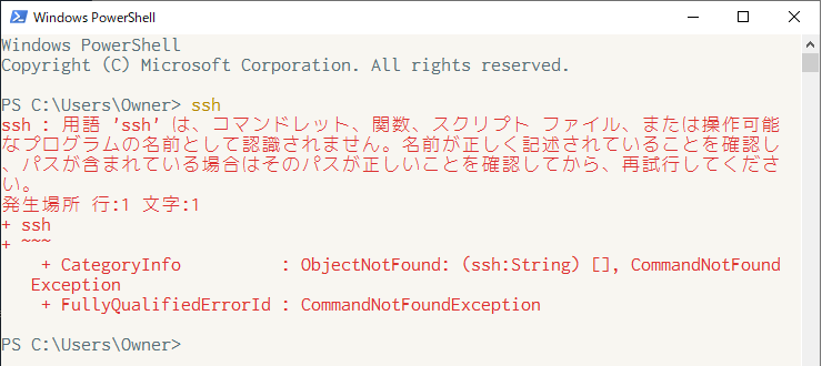 OpenSSHが使えないことを確認